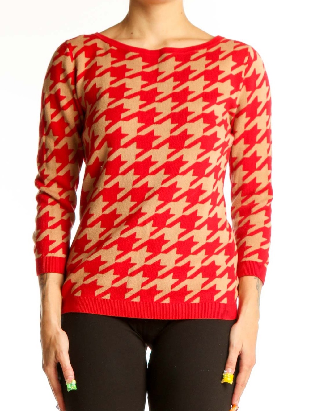 Ann Taylor Red and Tan Houndstooth Sweater